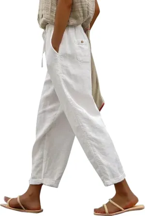 Womens Summer Linen Pants Drawstring Elastic High Waisted Casual Pant 2025 Summer Beach Loose Fit Trouser with Pocket