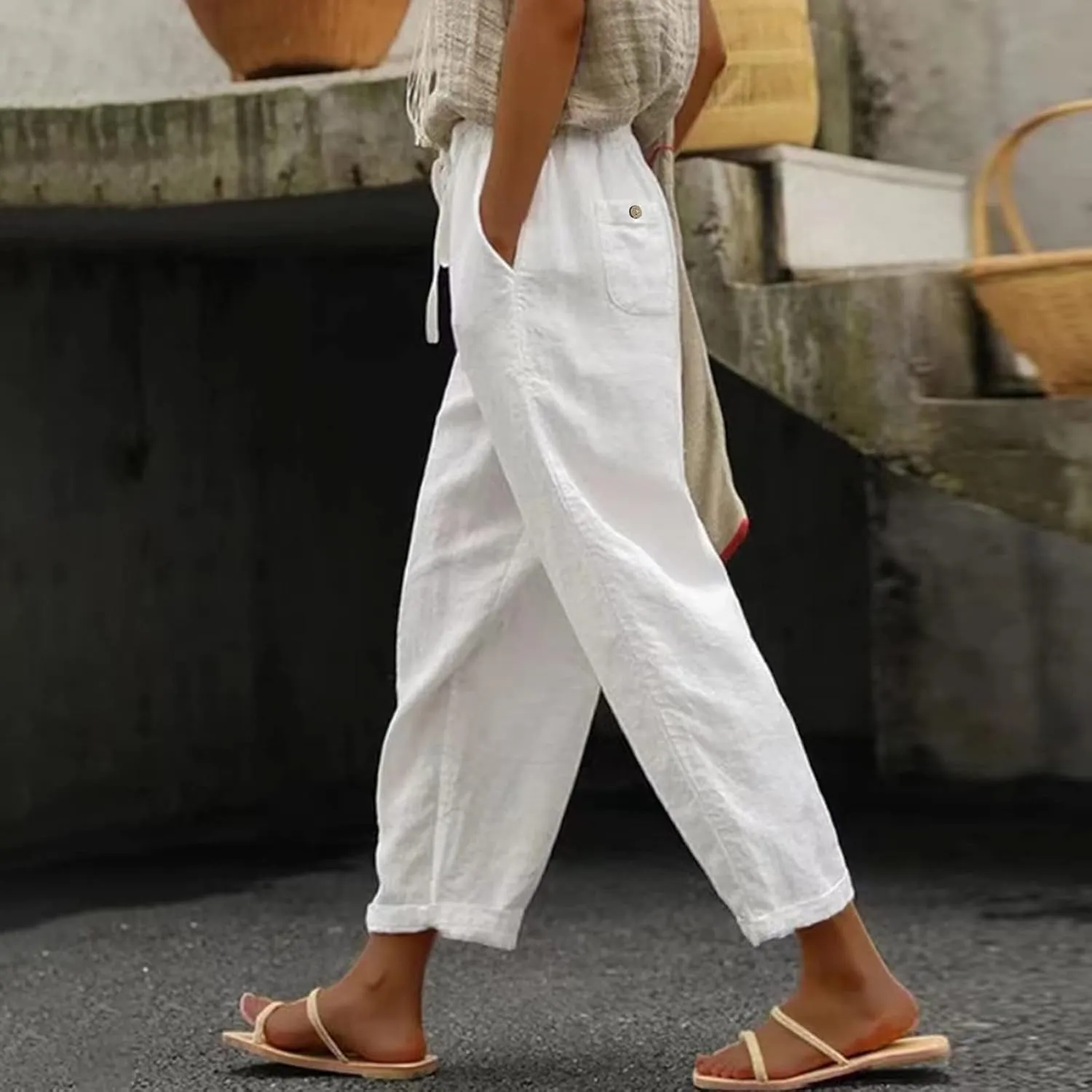 Womens Summer Linen Pants Drawstring Elastic High Waisted Casual Pant 2025 Summer Beach Loose Fit Trouser with Pocket