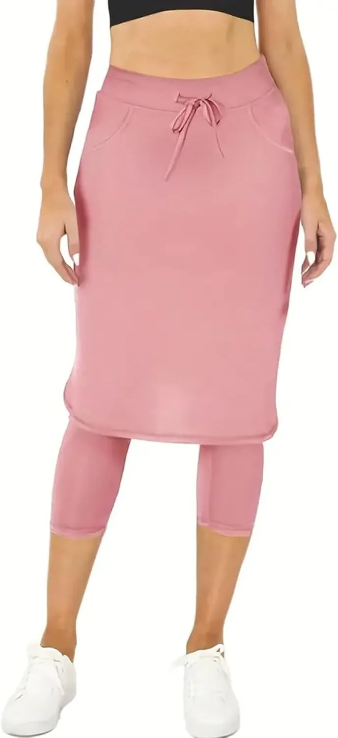Womens Tennis Skirts with Leggings Knee Length High Waisted Yoga Capri Pants Golf Long Skorts with Pockets