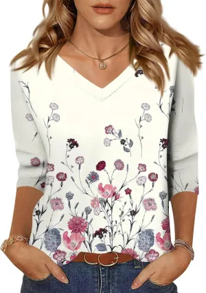 Women's Three-Quarter Sleeve V-Neck Loose Floral Print Casual Blouse Style T-Shirt Sparkle Topss Cute Tops
