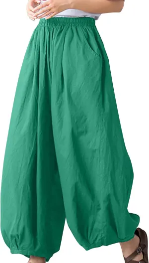 Women's Vintage Cotton Linen Baggy Pants Elastic High Waist Wide Leg Lantern Pants Casual Loose Trouser with Pockets