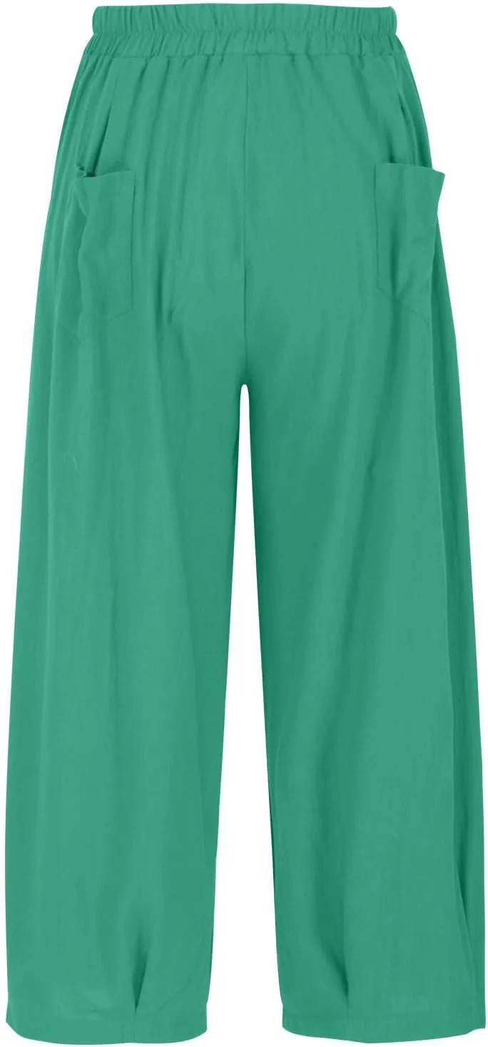Women's Vintage Cotton Linen Baggy Pants Elastic High Waist Wide Leg Lantern Pants Casual Loose Trouser with Pockets