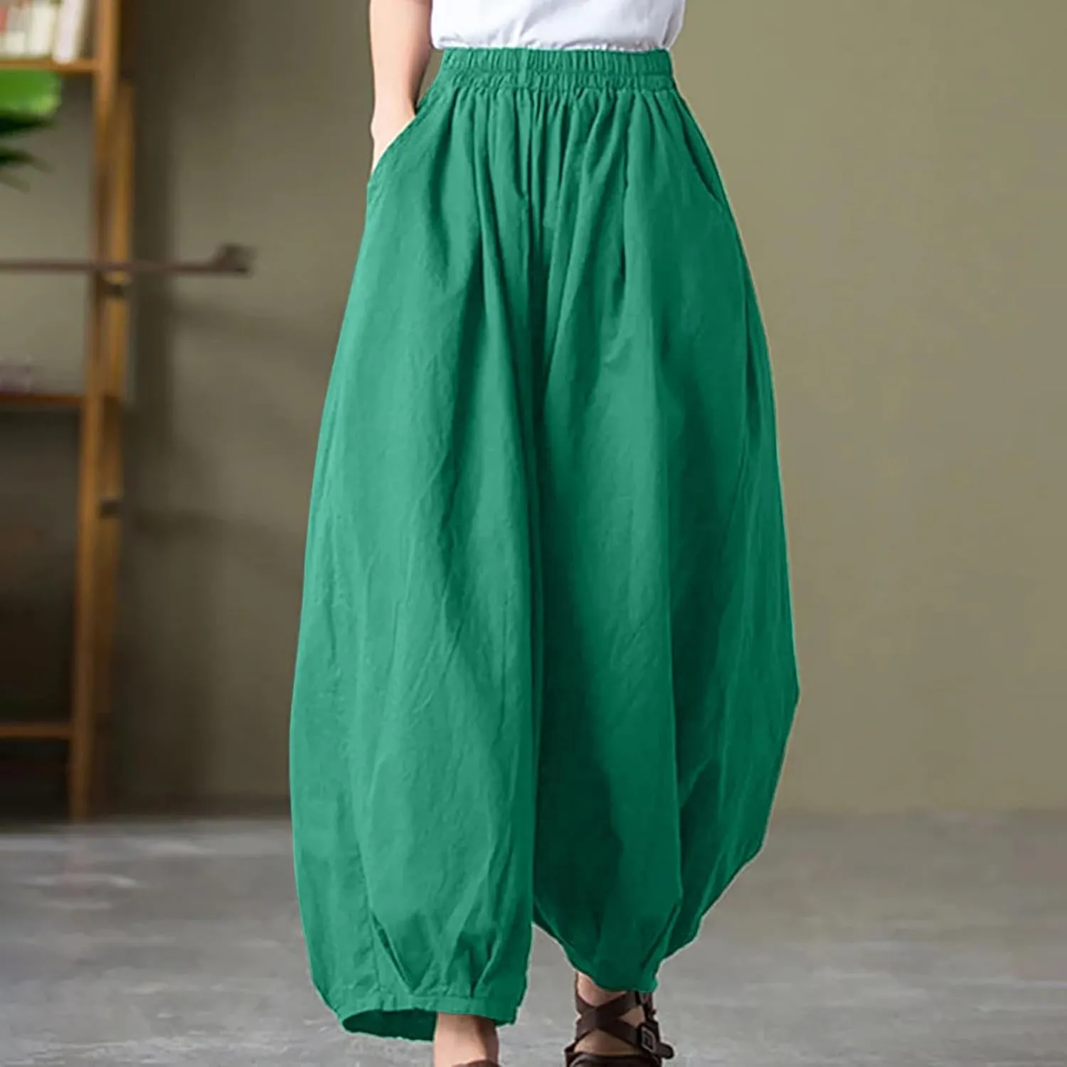 Women's Vintage Cotton Linen Baggy Pants Elastic High Waist Wide Leg Lantern Pants Casual Loose Trouser with Pockets