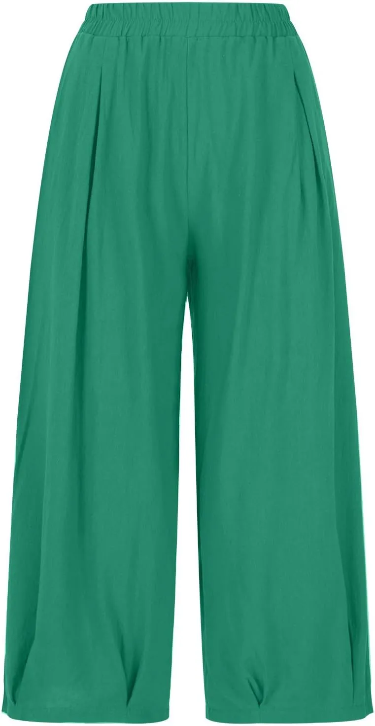 Women's Vintage Cotton Linen Baggy Pants Elastic High Waist Wide Leg Lantern Pants Casual Loose Trouser with Pockets