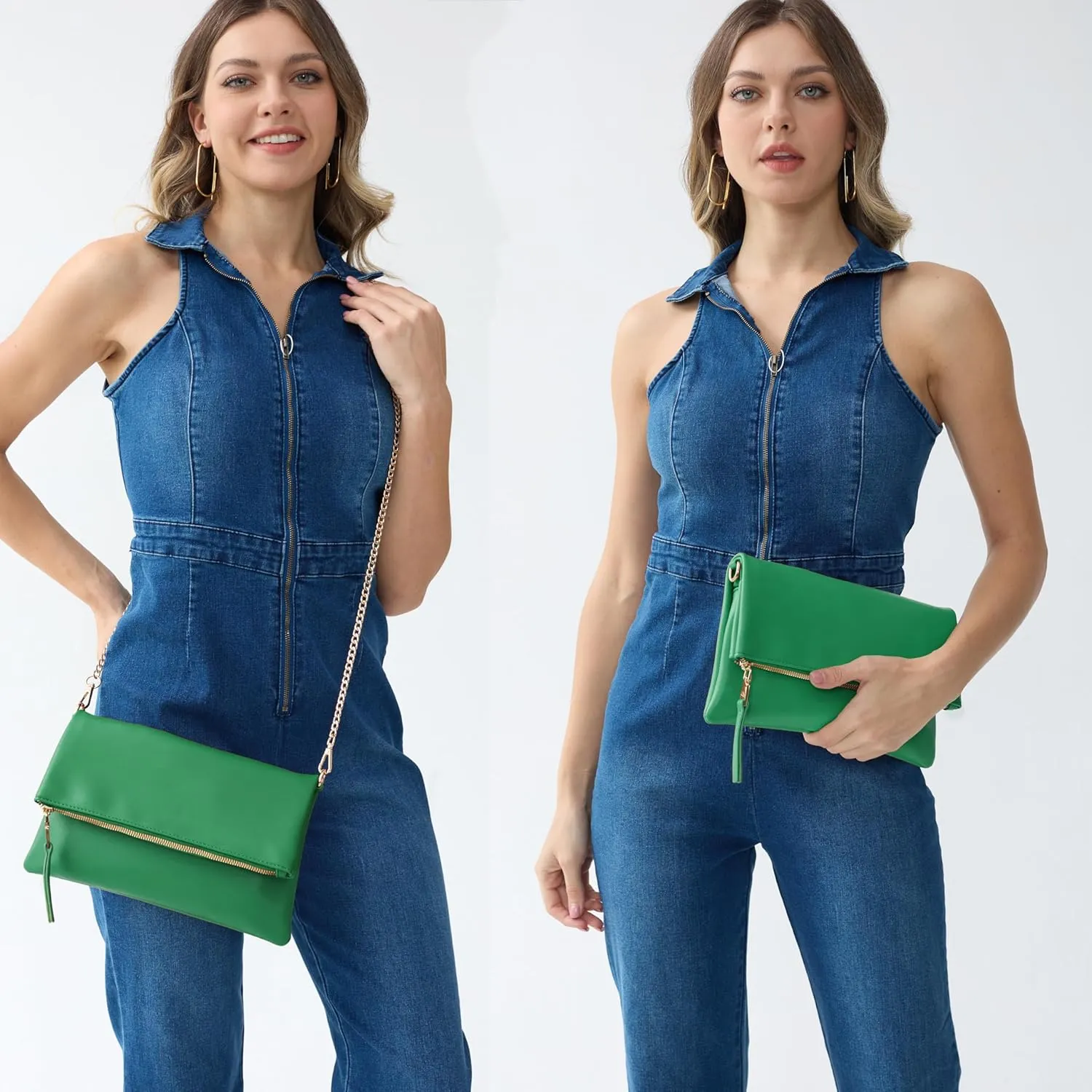 Women's Zipper Foldover Clutch Vegan Leather Envelope Cross body Bag with Chain Strap
