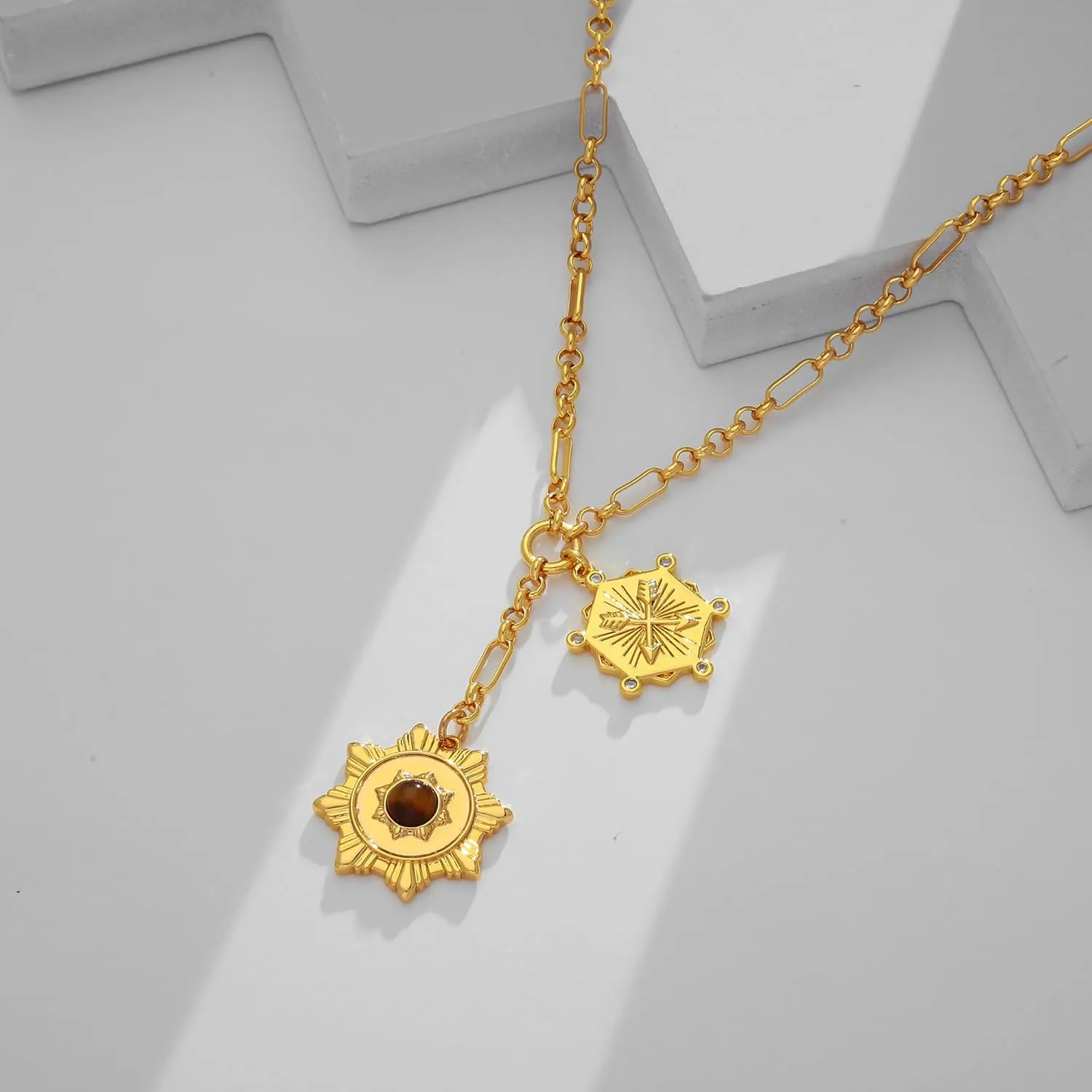 WOWORAMA Gold Pendant Necklace for Women Trendy Sun Star Cross Charm Necklace Lucky Leaf Heart Choker Necklace Chunky Gold Chain Necklace