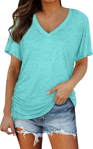 XIAOBU Leisure T-Shirt Women's Loose V Neck Short Sleeve Tunic Tops Shirred Side Hem Solid Soft Cozy Tee Shirt