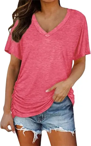 XIAOBU Leisure T-Shirt Women's Loose V Neck Short Sleeve Tunic Tops Shirred Side Hem Solid Soft Cozy Tee Shirt