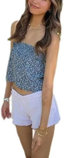 Y2k Vintage Boho Floral Tube Top Women Sexy Strapless Crop Bandeau Tops Ruffle Ruched Aesthetic Going Out Peplum Shirt