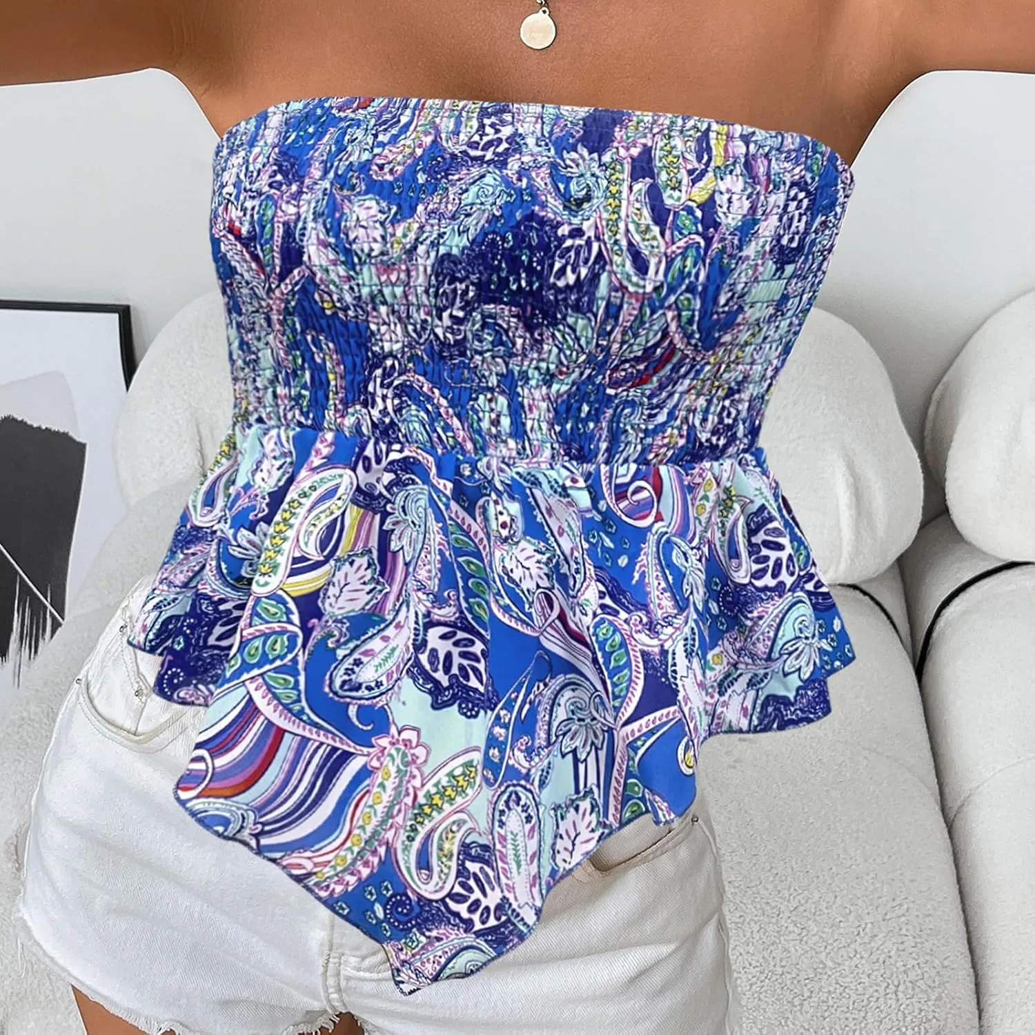 Y2k Vintage Boho Floral Tube Top Women Sexy Strapless Crop Bandeau Tops Ruffle Ruched Aesthetic Going Out Peplum Shirt