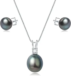 YAMI Pearl Jewelry Set for Women, 9.5-11mm AAAA Freshwater/Saltwater Pearl Necklace & 8-8.5mm Stud Earrings, 925 Sterling Silver, Hypoallergenic Gift for Her