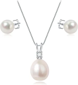 YAMI Pearl Jewelry Set for Women, 9.5-11mm AAAA Freshwater/Saltwater Pearl Necklace & 8-8.5mm Stud Earrings, 925 Sterling Silver, Hypoallergenic Gift for Her