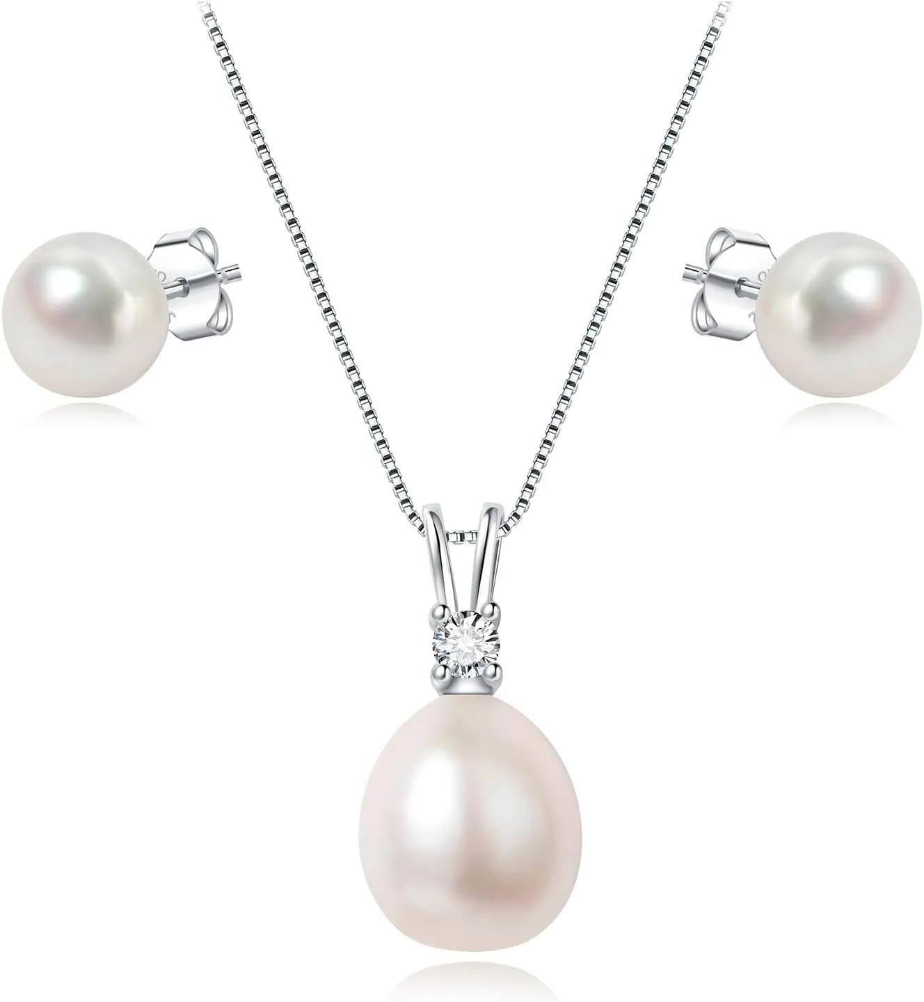 YAMI Pearl Jewelry Set for Women, 9.5-11mm AAAA Freshwater/Saltwater Pearl Necklace & 8-8.5mm Stud Earrings, 925 Sterling Silver, Hypoallergenic Gift for Her