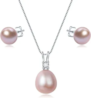 YAMI Pearl Jewelry Set for Women, 9.5-11mm AAAA Freshwater/Saltwater Pearl Necklace & 8-8.5mm Stud Earrings, 925 Sterling Silver, Hypoallergenic Gift for Her