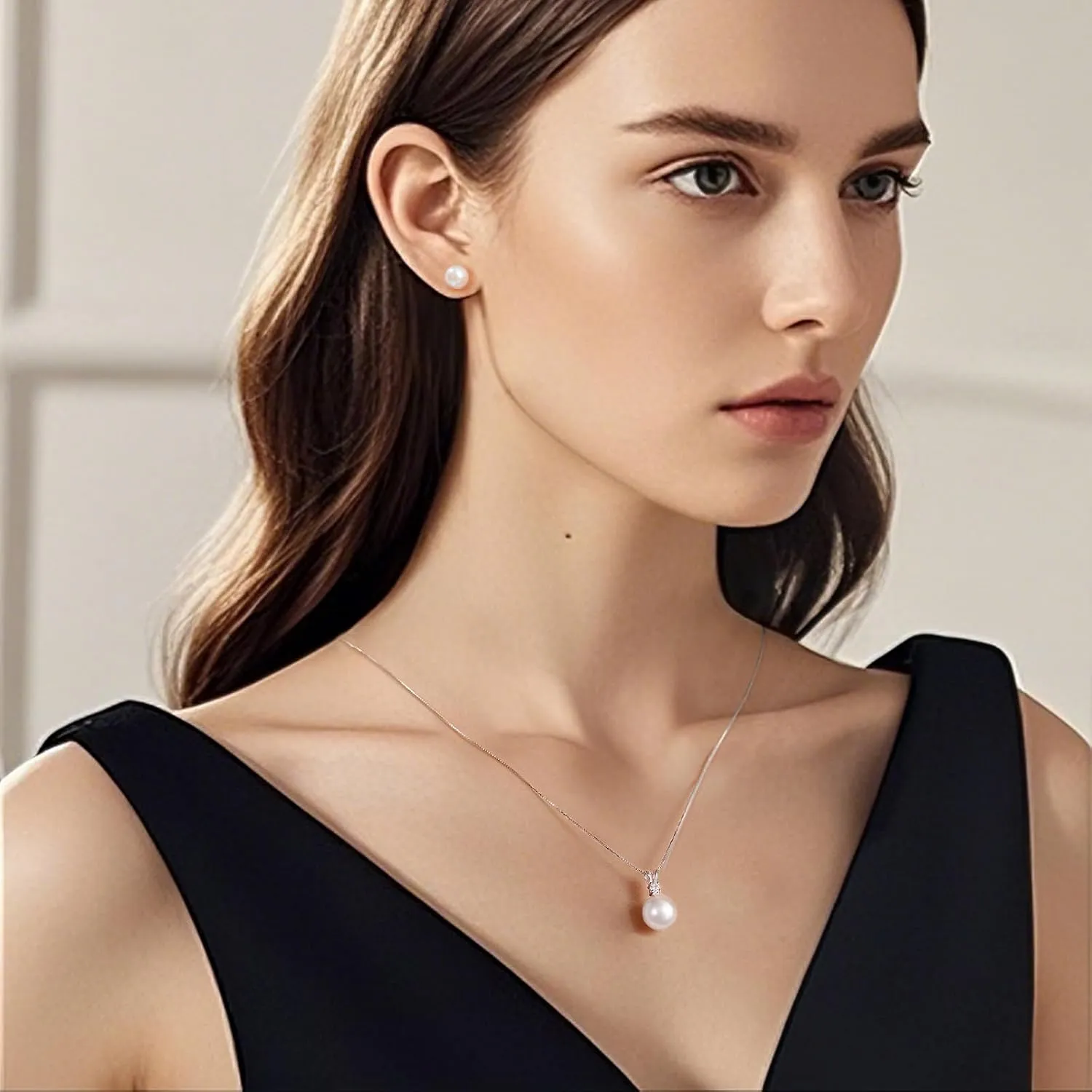 YAMI Pearl Jewelry Set for Women, 9.5-11mm AAAA Freshwater/Saltwater Pearl Necklace & 8-8.5mm Stud Earrings, 925 Sterling Silver, Hypoallergenic Gift for Her