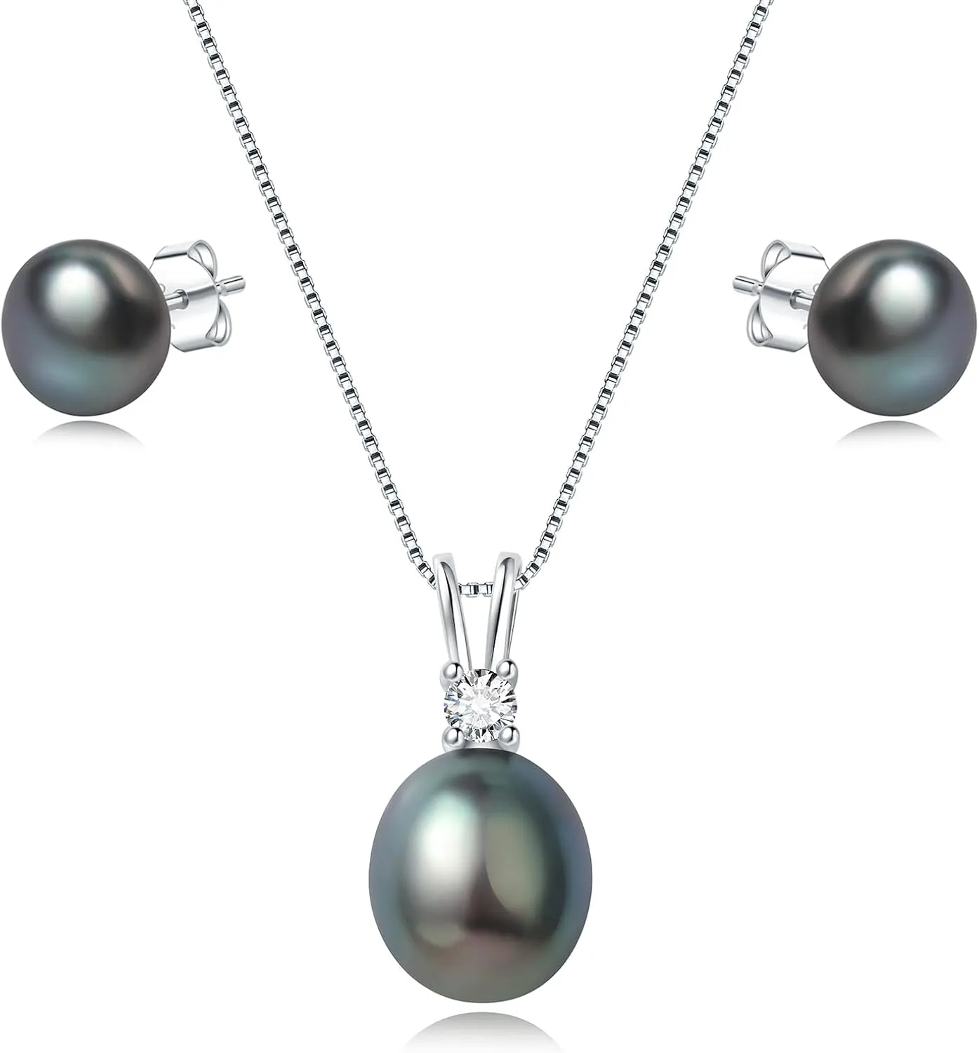 YAMI Pearl Jewelry Set for Women, 9.5-11mm AAAA Freshwater/Saltwater Pearl Necklace & 8-8.5mm Stud Earrings, 925 Sterling Silver, Hypoallergenic Gift for Her
