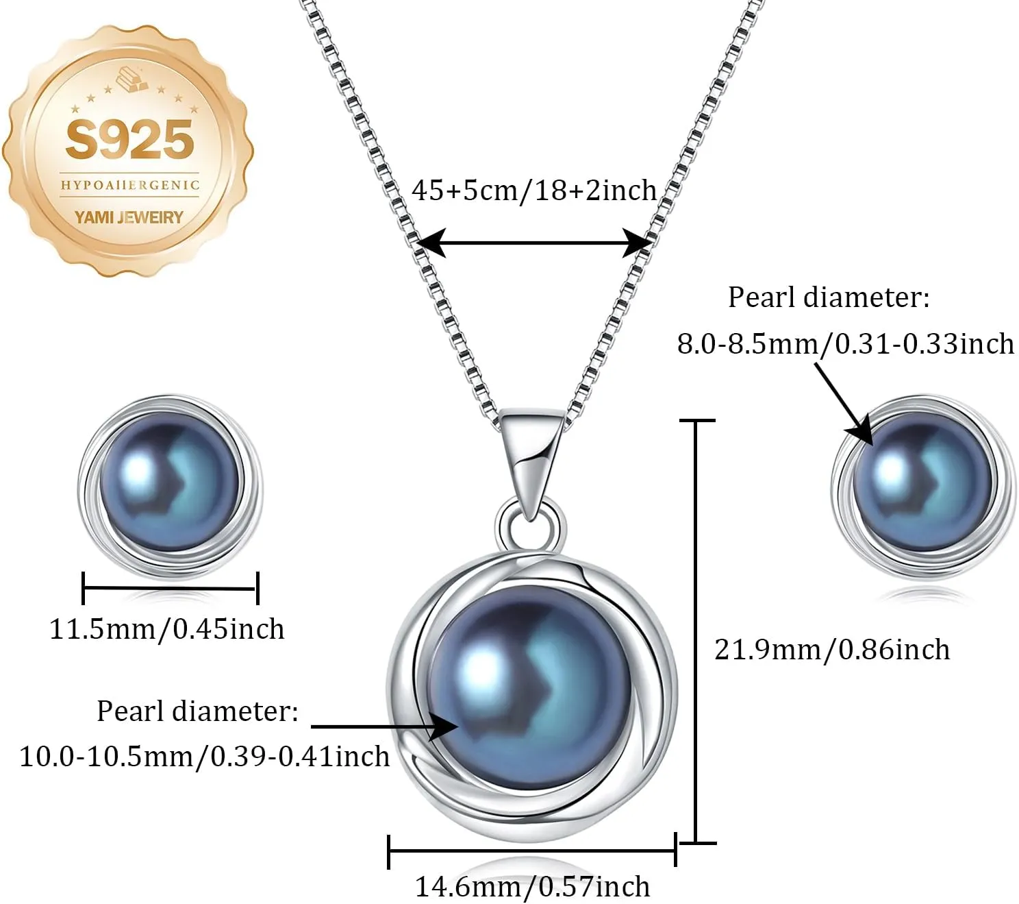 YAMI Pearl Necklace and Earring Set for Women, 925 Sterling Silver 10MM Cultured Pearls Pendant Necklace Pearl Stud Earrings Jewelry Set, 18Inch 2" Box Chain, Gifts for Mother Wife Her
