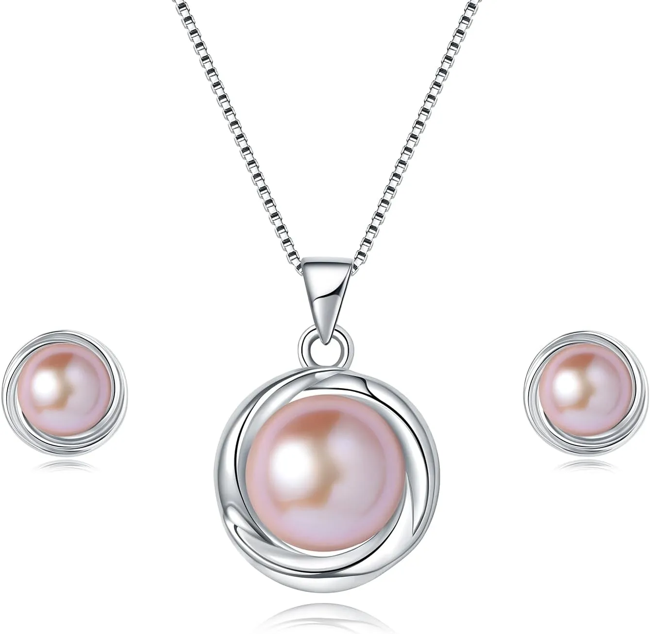 YAMI Pearl Necklace and Earring Set for Women, 925 Sterling Silver 10MM Cultured Pearls Pendant Necklace Pearl Stud Earrings Jewelry Set, 18Inch 2" Box Chain, Gifts for Mother Wife Her