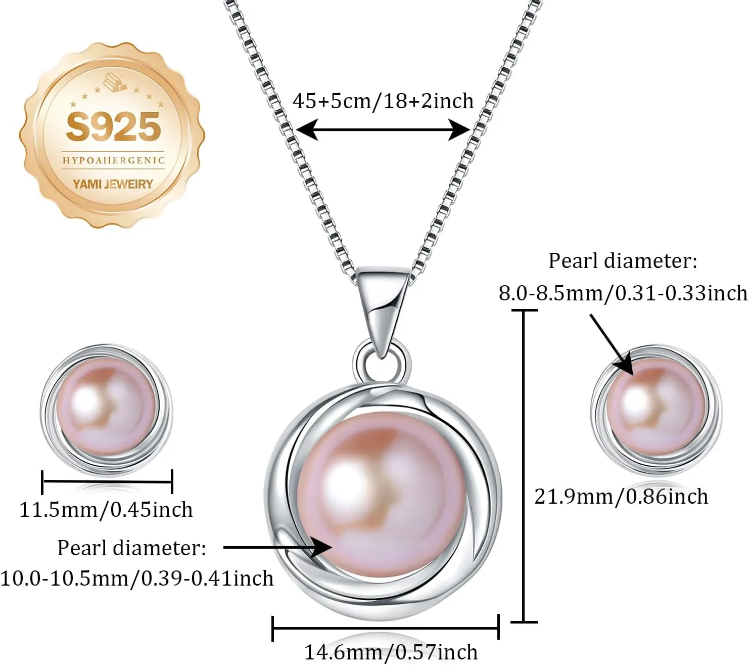YAMI Pearl Necklace and Earring Set for Women, 925 Sterling Silver 10MM Cultured Pearls Pendant Necklace Pearl Stud Earrings Jewelry Set, 18Inch 2" Box Chain, Gifts for Mother Wife Her