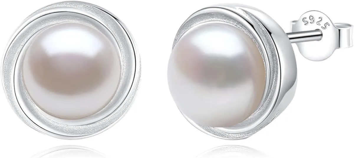 YAMI Sterling Silver Natural Cultured Pearl Earrings for Women, Black/White/Pink/Grey Pearl Stud Earrings 8MM, Hypoallergenic Jewelry Gifts for Mother Wife Her