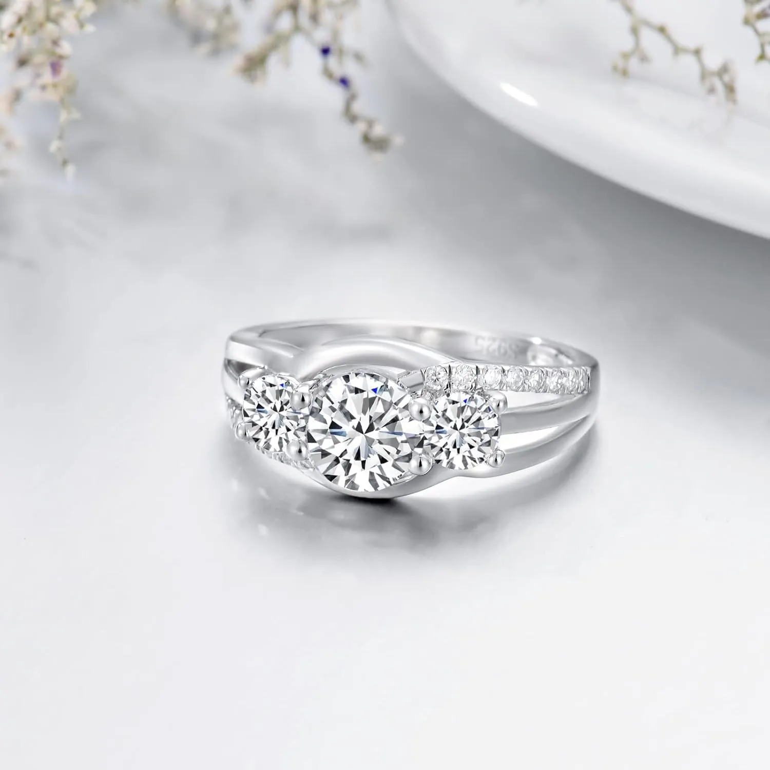 YDD 3 Stone Moissanite Engagement Rings for Women 1CT Center Brilliant Moissanite Engagement Ring White Gold 925 Sterling Silver Anniversary Promise Rings for Her