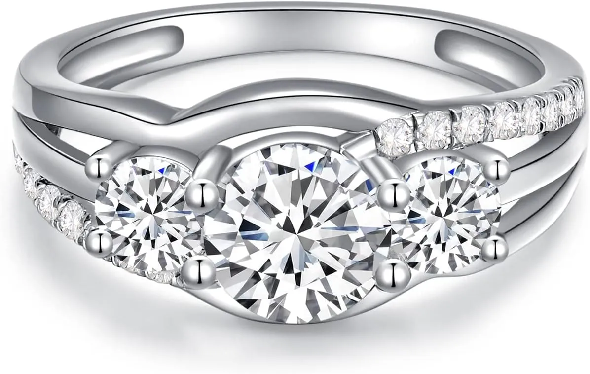 YDD 3 Stone Moissanite Engagement Rings for Women 1CT Center Brilliant Moissanite Engagement Ring White Gold 925 Sterling Silver Anniversary Promise Rings for Her