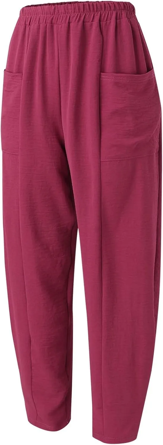 YOLAI Solid Color Cotton Linen Pant for Women High Waist Casual Trousers with Pockets Lightweight Comfort Wide Leg Pants (Hot Pink, L)