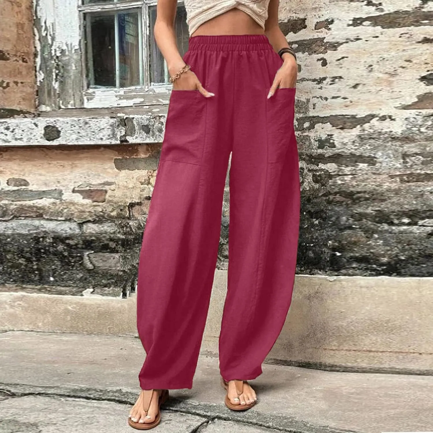 YOLAI Solid Color Cotton Linen Pant for Women High Waist Casual Trousers with Pockets Lightweight Comfort Wide Leg Pants (Hot Pink, L)