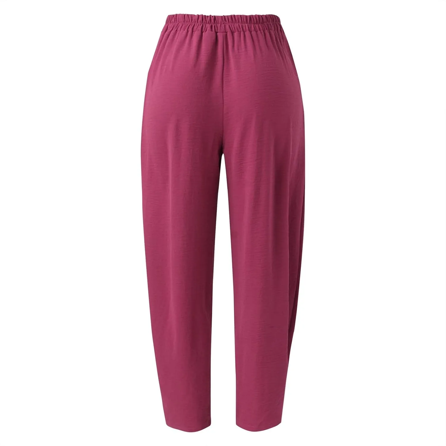 YOLAI Solid Color Cotton Linen Pant for Women High Waist Casual Trousers with Pockets Lightweight Comfort Wide Leg Pants (Hot Pink, L)