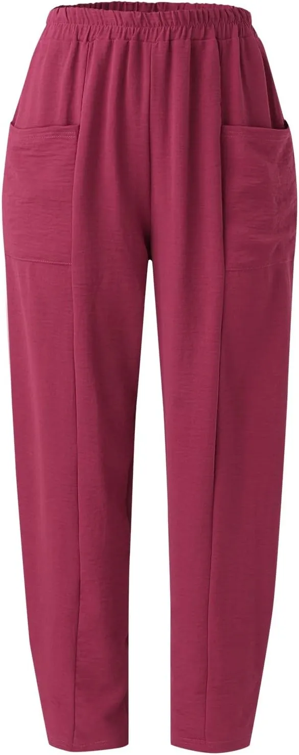YOLAI Solid Color Cotton Linen Pant for Women High Waist Casual Trousers with Pockets Lightweight Comfort Wide Leg Pants (Hot Pink, L)