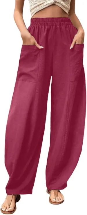 YOLAI Solid Color Cotton Linen Pant for Women High Waist Casual Trousers with Pockets Lightweight Comfort Wide Leg Pants (Hot Pink, L)