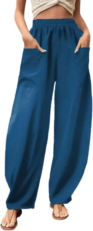 YOLAI Solid Color Cotton Linen Pant for Women High Waist Casual Trousers with Pockets Lightweight Comfort Wide Leg Pants (Mint Green, L)