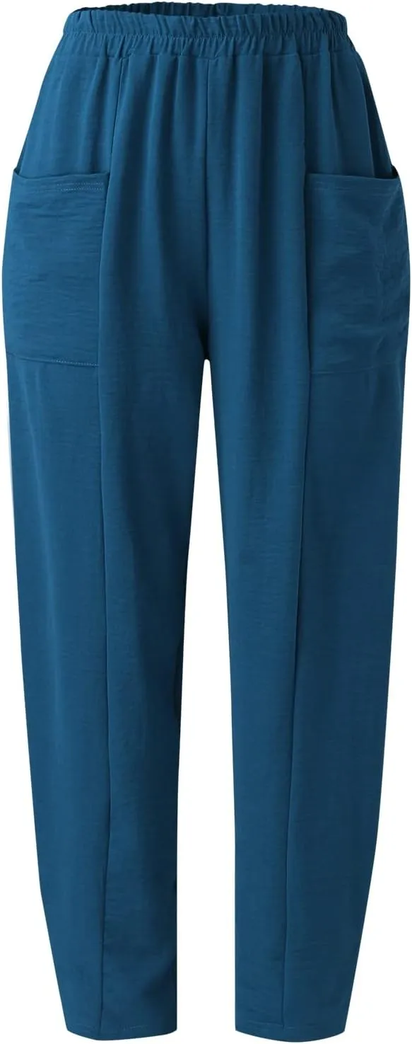 YOLAI Solid Color Cotton Linen Pant for Women High Waist Casual Trousers with Pockets Lightweight Comfort Wide Leg Pants (Mint Green, L)
