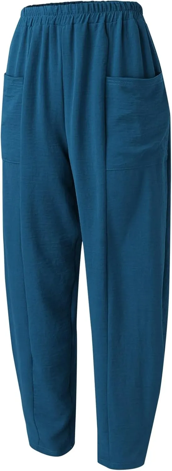 YOLAI Solid Color Cotton Linen Pant for Women High Waist Casual Trousers with Pockets Lightweight Comfort Wide Leg Pants (Mint Green, L)