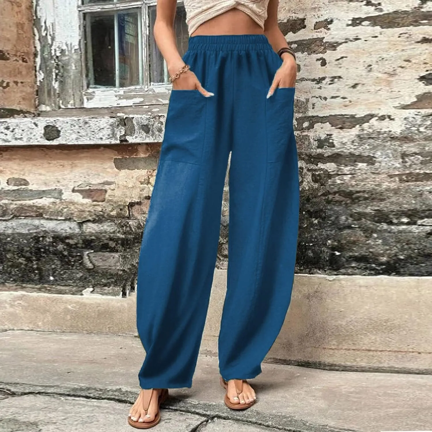 YOLAI Solid Color Cotton Linen Pant for Women High Waist Casual Trousers with Pockets Lightweight Comfort Wide Leg Pants (Mint Green, L)