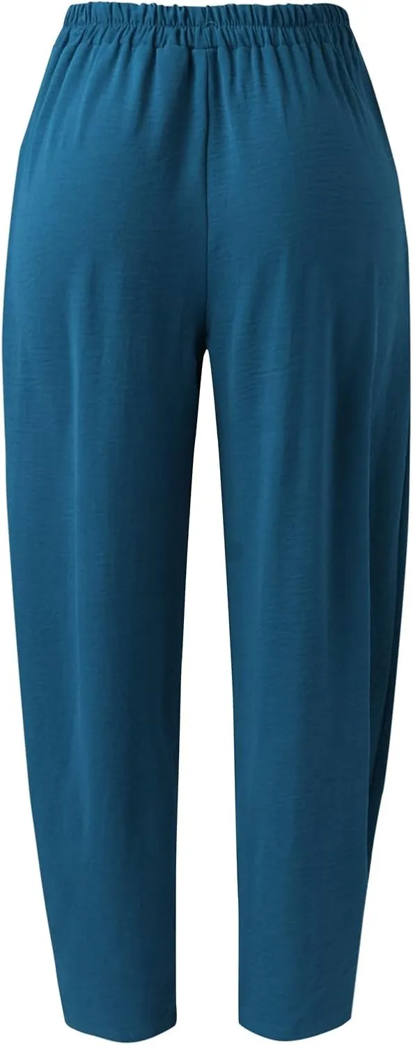 YOLAI Solid Color Cotton Linen Pant for Women High Waist Casual Trousers with Pockets Lightweight Comfort Wide Leg Pants (Mint Green, L)