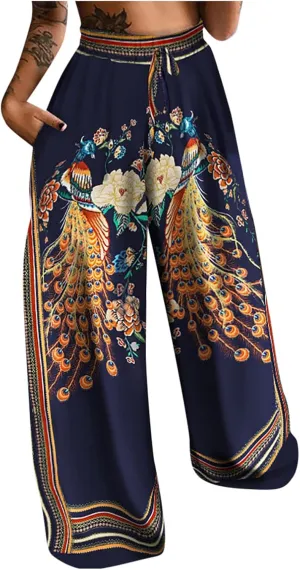 YOLAI Women Boho Beach Trousers High Waist Wide Leg Pants Drawstring Loose Vintage Printed Pants with Pocket (Dark Blue, M)