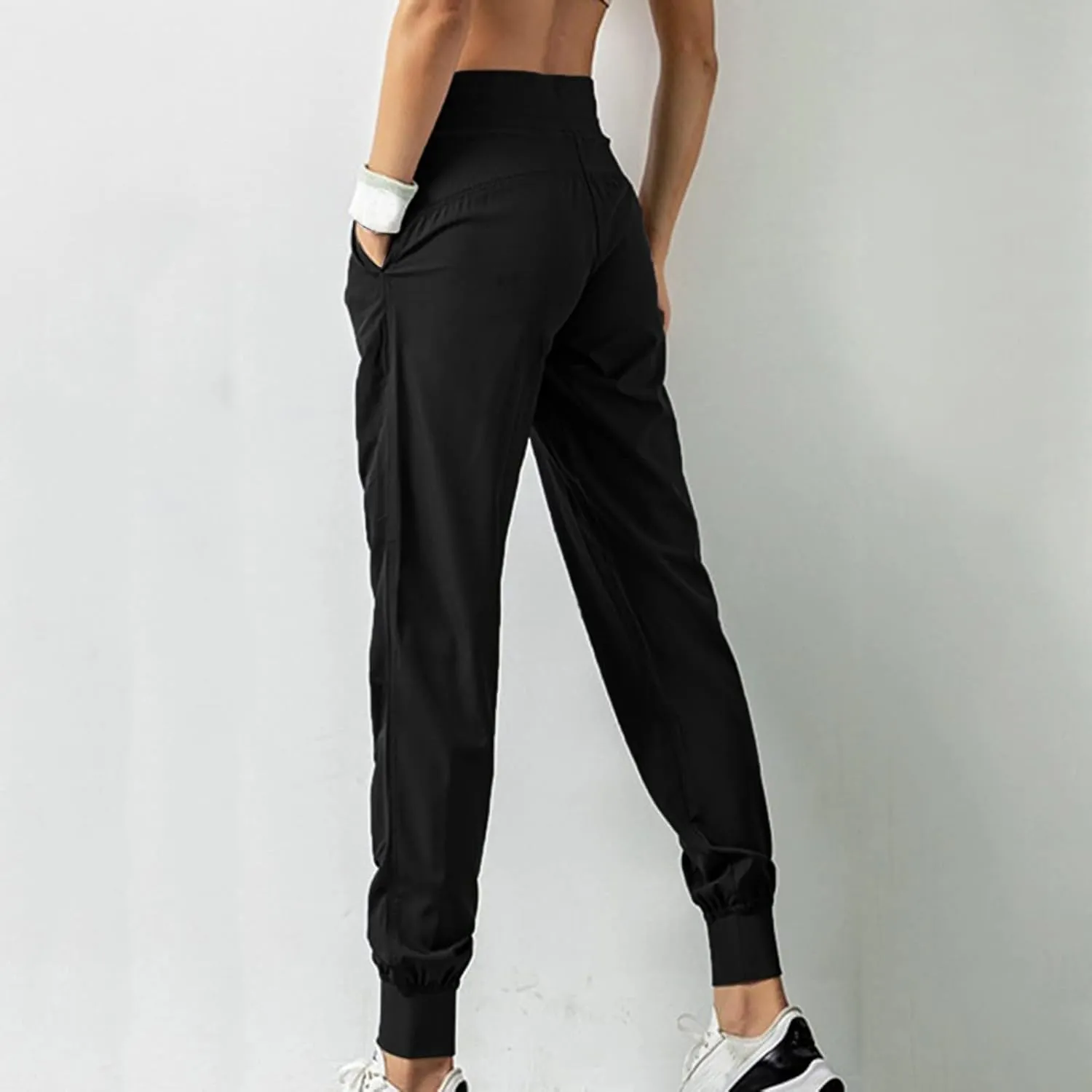 YOLAI Womens High Waist Ruched Sweatpants Running Yoga Fitness Trouser Quick Dry Drawstring Casual Pants (Black, S)