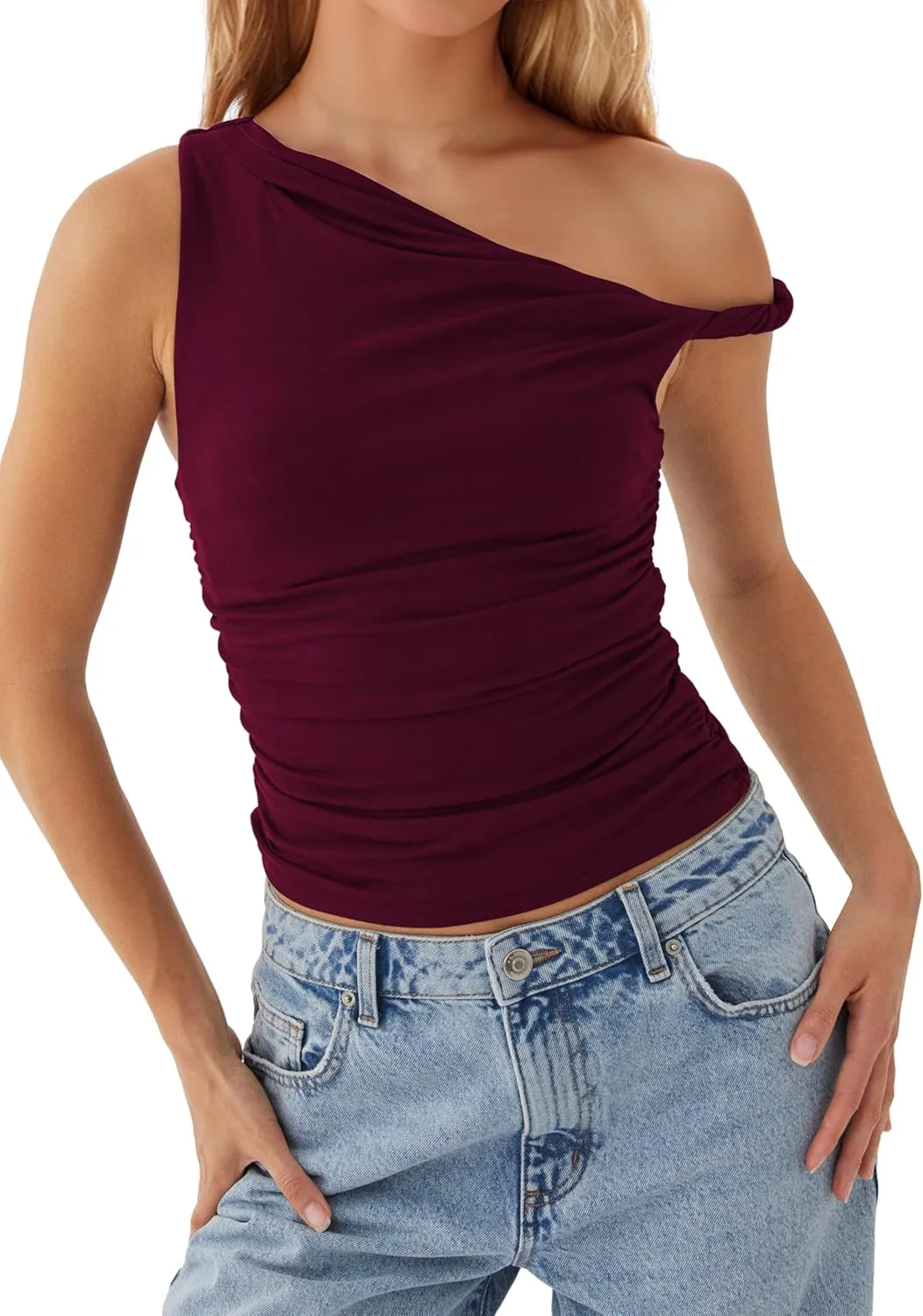 Ythomm Women One Shoulder Ruched Crop Tank Tops Casual Off The Shoulder Twist Strap Summer Tanks Tops Going Out Crop Shirts