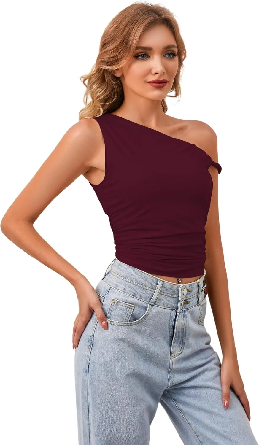Ythomm Women One Shoulder Ruched Crop Tank Tops Casual Off The Shoulder Twist Strap Summer Tanks Tops Going Out Crop Shirts