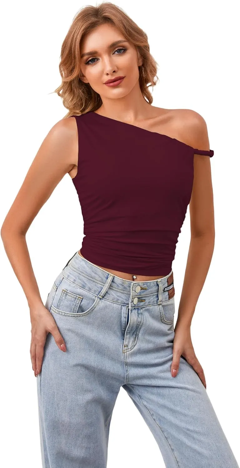 Ythomm Women One Shoulder Ruched Crop Tank Tops Casual Off The Shoulder Twist Strap Summer Tanks Tops Going Out Crop Shirts