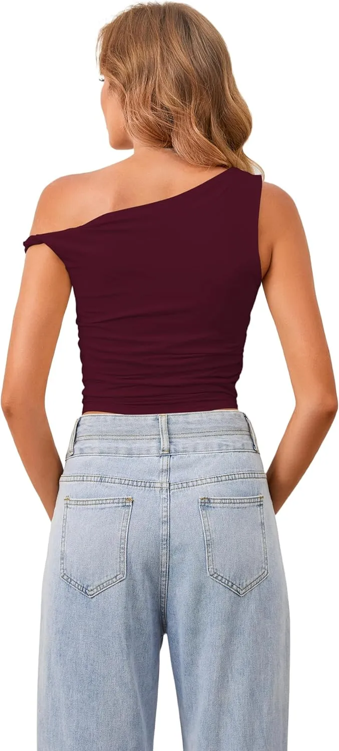 Ythomm Women One Shoulder Ruched Crop Tank Tops Casual Off The Shoulder Twist Strap Summer Tanks Tops Going Out Crop Shirts