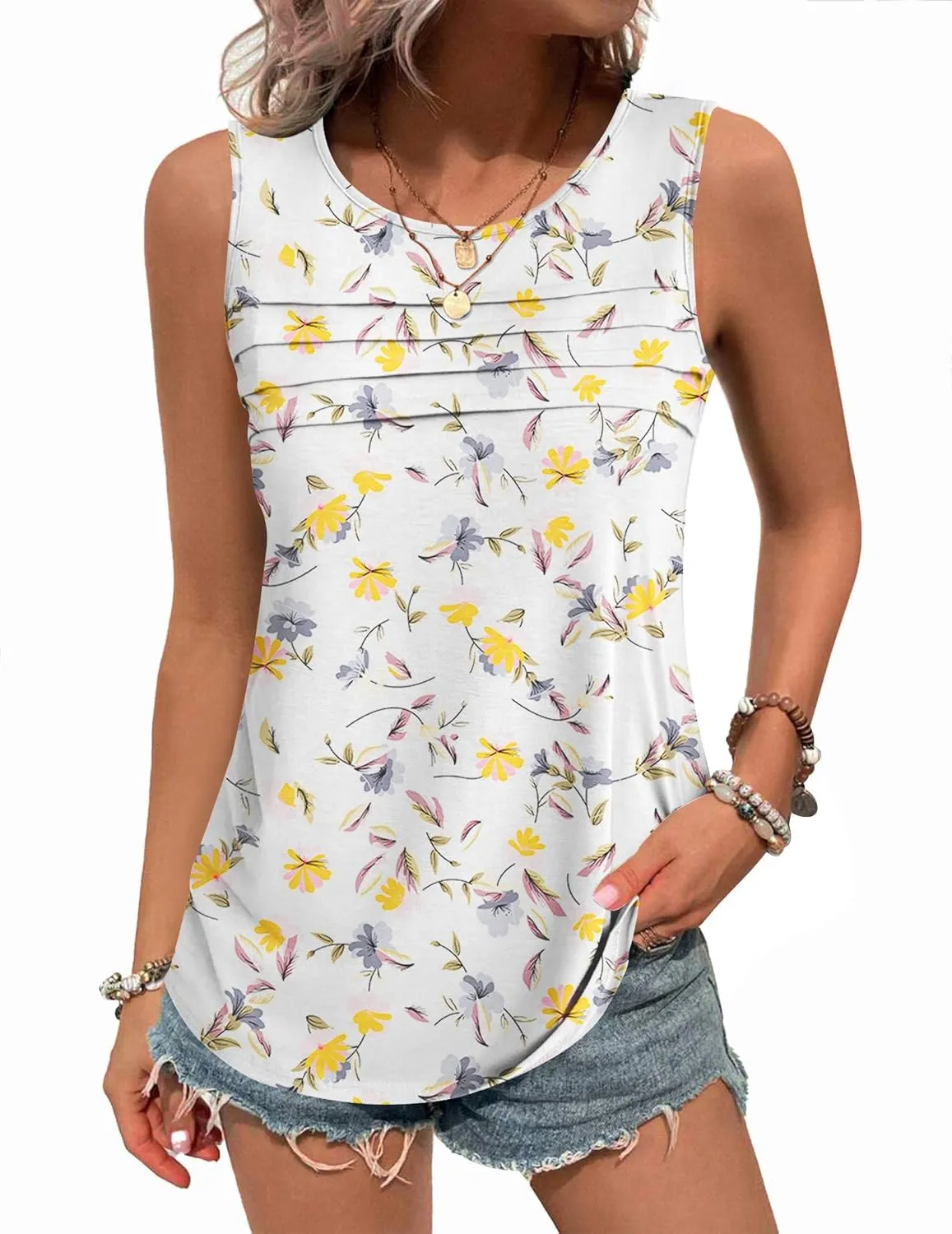 Zeagoo Womens Tops Dressy Casual Summer Loose Fit Tank Tops Trendy Pleated Front Scoop Neck Sleeveless Tunic Shirts
