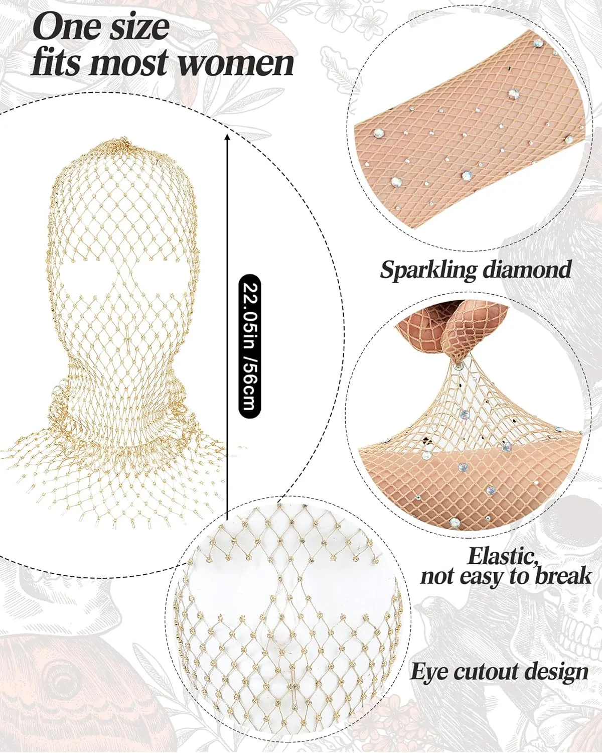 Zhanmai 2 Pack Halloween Crystal Mesh Body Chain with Fishnet Long Gloves Rhinestone Glitter Breathable Headwear for Women