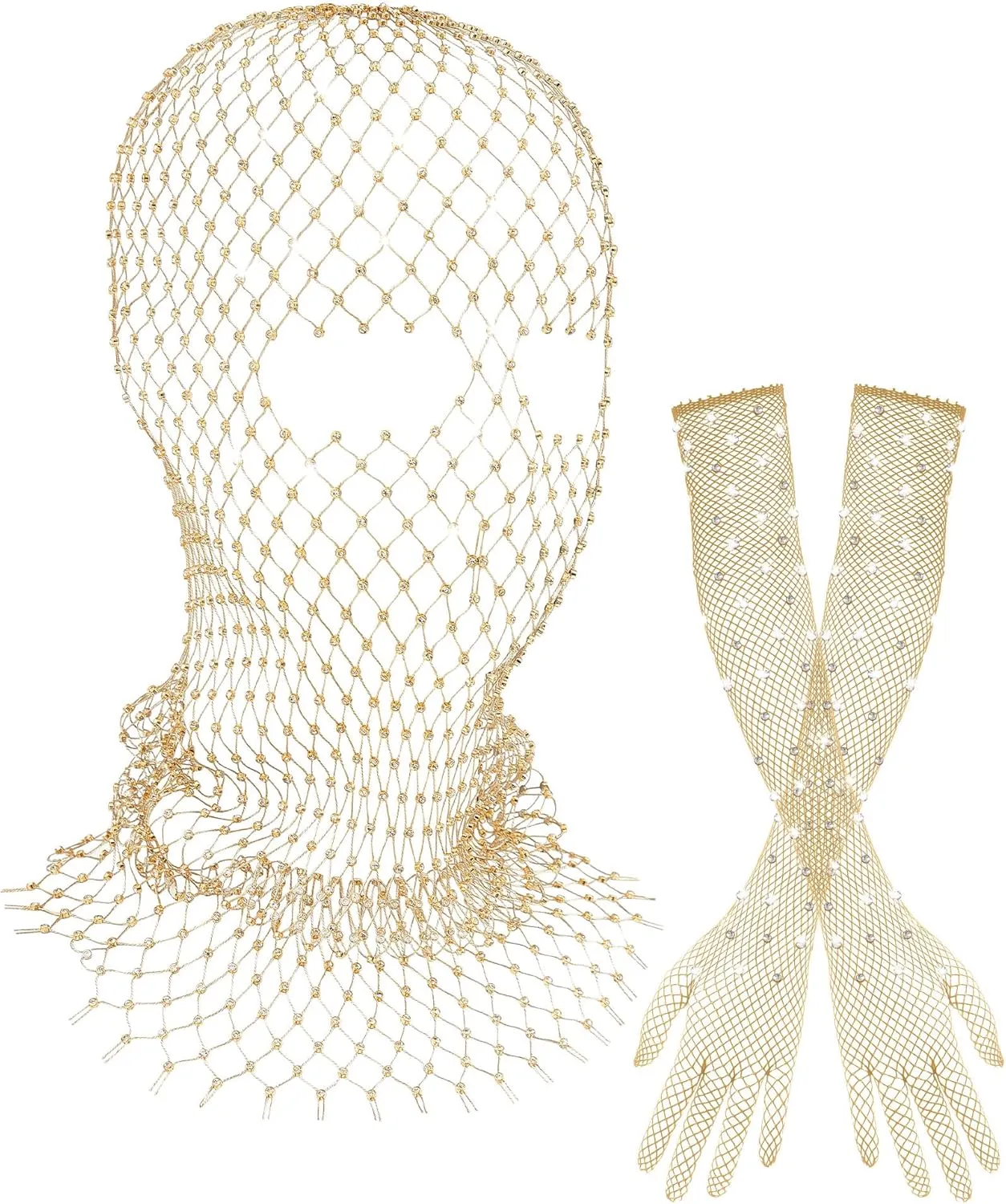Zhanmai 2 Pack Halloween Crystal Mesh Body Chain with Fishnet Long Gloves Rhinestone Glitter Breathable Headwear for Women