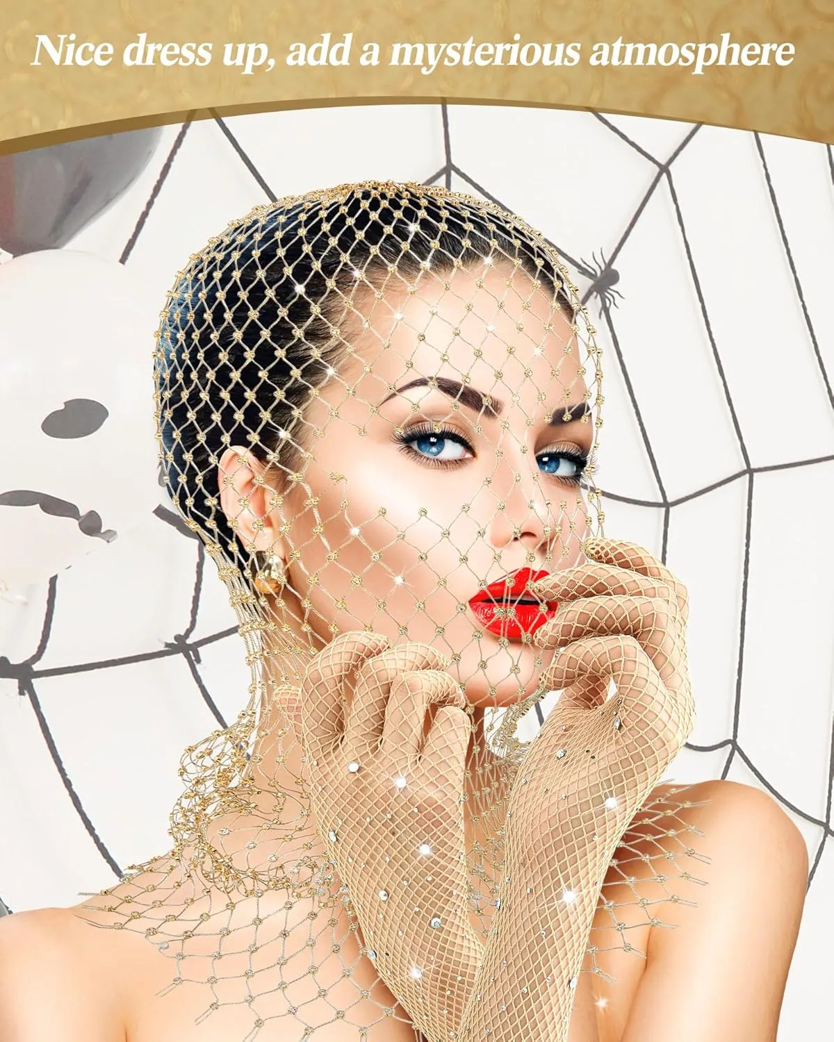 Zhanmai 2 Pack Halloween Crystal Mesh Body Chain with Fishnet Long Gloves Rhinestone Glitter Breathable Headwear for Women