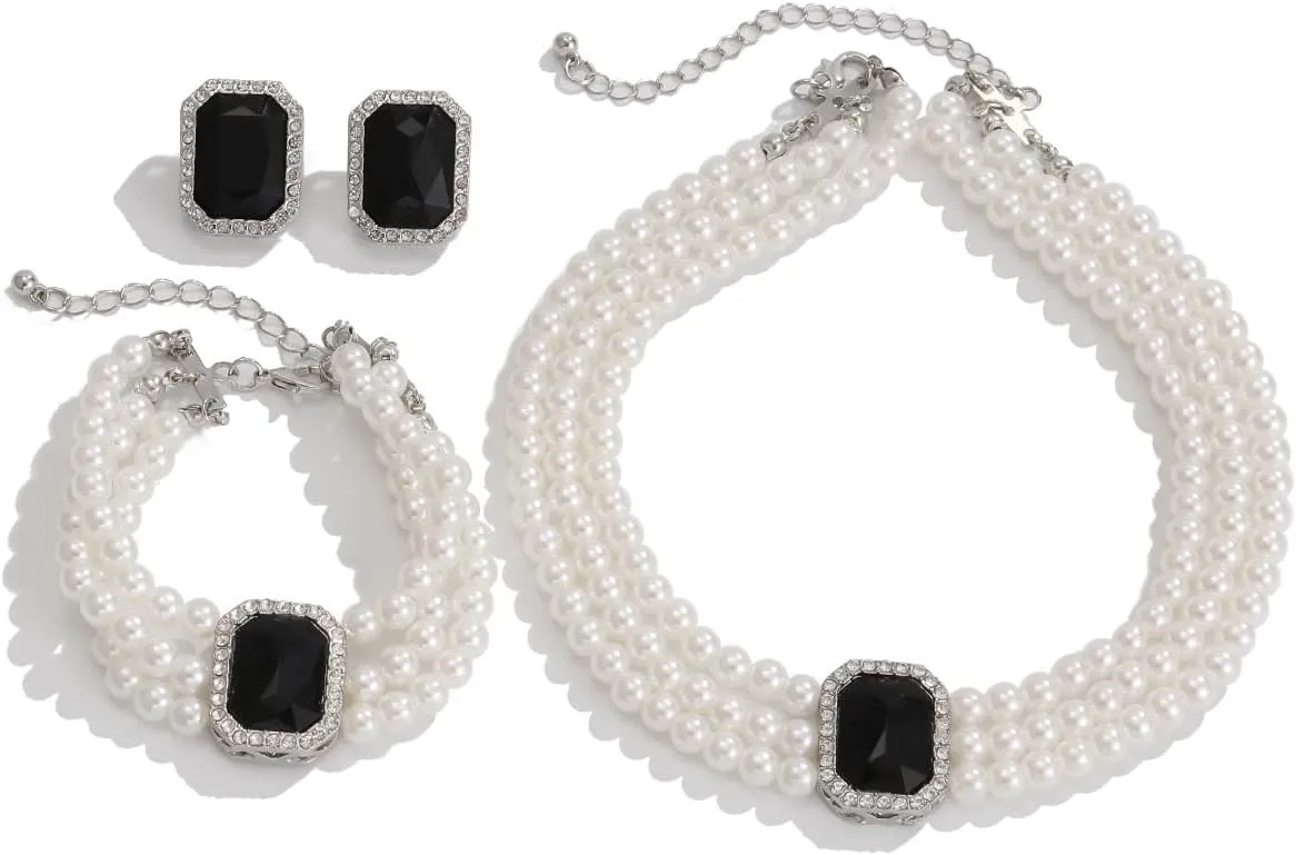 ZMANYIJEW Pearl Earrings Necklace Bracelet Set for Women Wedding Rhinestone Crystal Pearl Jewelry Set Bride Bridesmaid Dainty Jewelry for Women