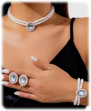 ZMANYIJEW Pearl Earrings Necklace Bracelet Set for Women Wedding Rhinestone Crystal Pearl Jewelry Set Bride Bridesmaid Dainty Jewelry for Women