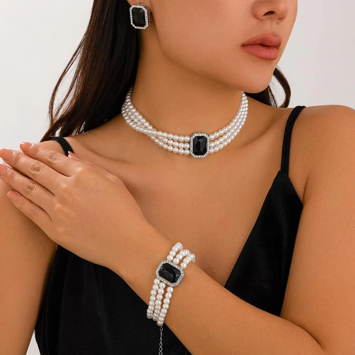 ZMANYIJEW Pearl Earrings Necklace Bracelet Set for Women Wedding Rhinestone Crystal Pearl Jewelry Set Bride Bridesmaid Dainty Jewelry for Women