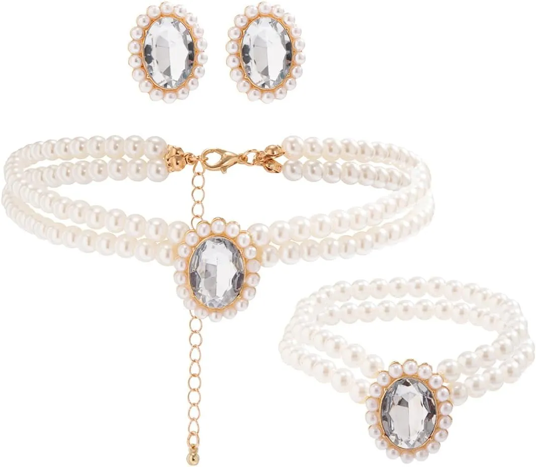 ZMANYIJEW Pearl Earrings Necklace Bracelet Set for Women Wedding Rhinestone Crystal Pearl Jewelry Set Bride Bridesmaid Dainty Jewelry for Women